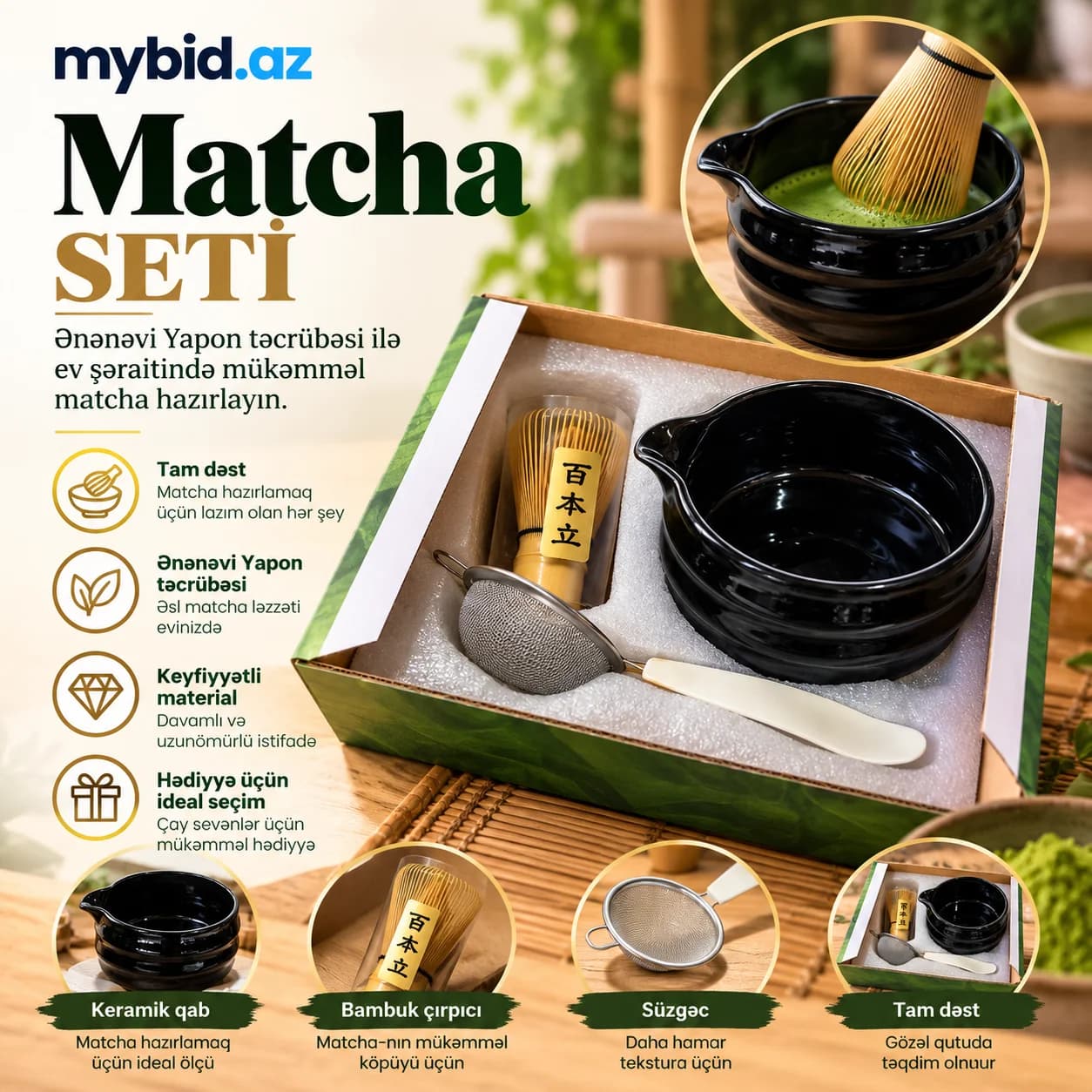 Matcha Dəmləmə Seti – Yapon Üslubunda Tam Matcha Hazırlama Dəsti