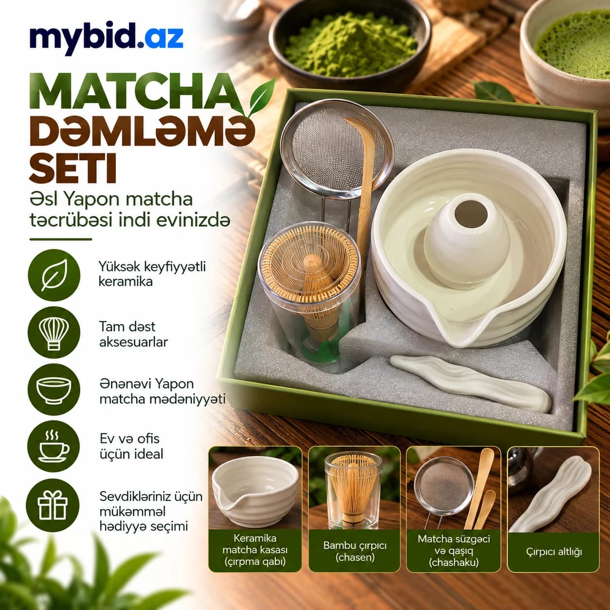 Ağ Keramika Matcha Dəmləmə Seti – Yapon Üslubunda Tam Dəst